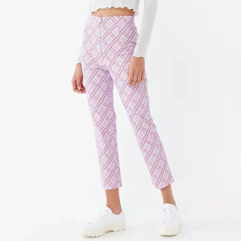 NWT Finders Keepers Pink Nostalgia Plaid Zip-Front Pants Size 4